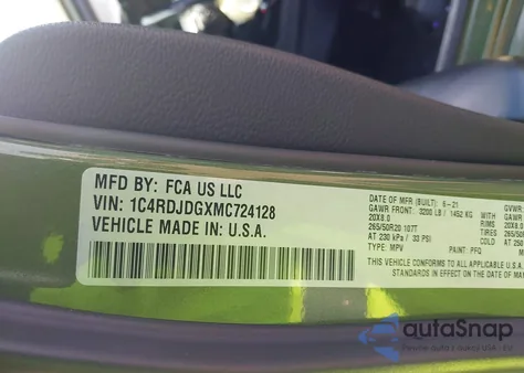 2021 Dodge Durango Gt Plus Awd z USA, uszkodzony, nr VIN 1C4RDJDGXMC724128